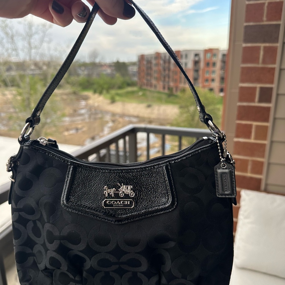 Coach Peyton Mini Shoulder Bag Signature Black Jacquard & Patent Leather